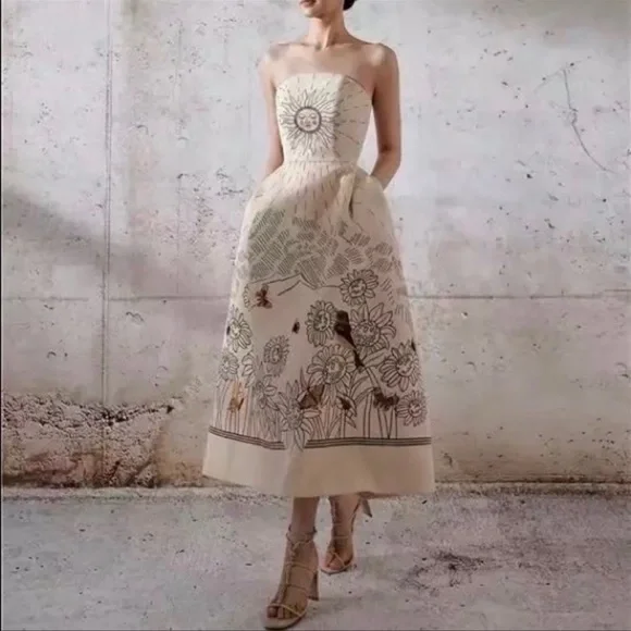 Solairè Runway Sexy Strapless  Midi Dress, Boho Resortwear Luxury Gown - Picture 3 of 14